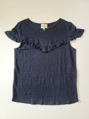 NWT Sezane Coralie Ruffle Detail Navy/Marine Linen T-shirt, M, Parisian Chic